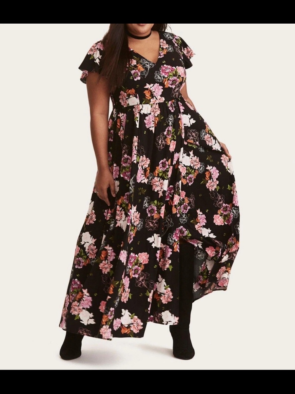 Torrid Size 2 Black Floral Maxi Dress Flutter Sleeve V Neck Plus Size